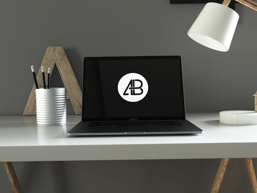Realistic Space Gray Macbook Pro in Home Office Mockup