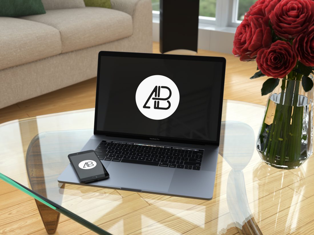 Uber-Realistic Space Gray Macbook Pro Mockup on Glass Table