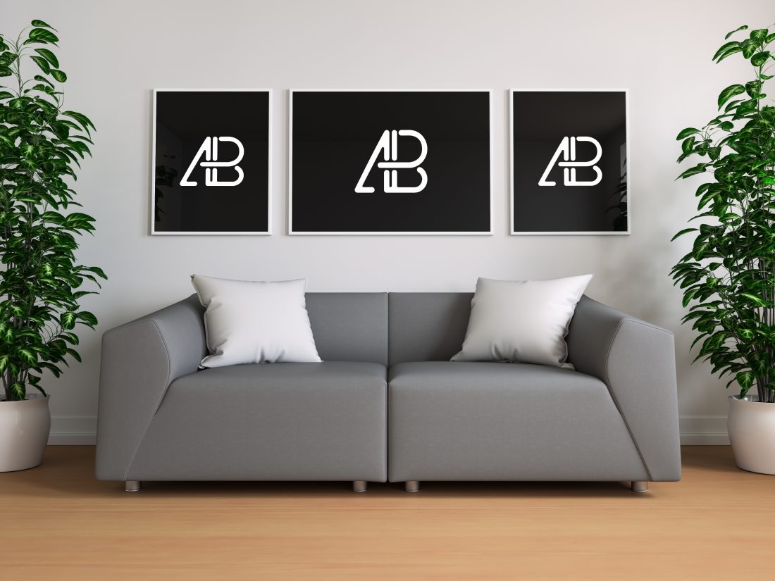 Triple Poster and Frame In Living Room Mockup
