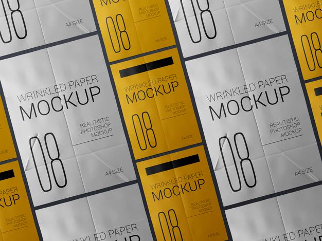 A Group Of Realistic Wrinkled Poster Template Mockup. Glued Paper Wet Wrinkled Posters Mockup Psd