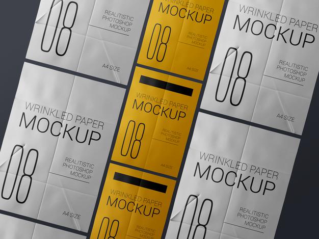 A Group Of Realistic Wrinkled Poster Template Mockup. Glued Paper Wet Wrinkled Posters Mockup Psd