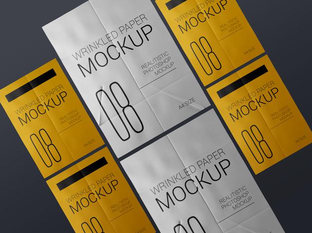 A Group Of Realistic Wrinkled Poster Template Mockup. Glued Paper Wet Wrinkled Posters Mockup Psd