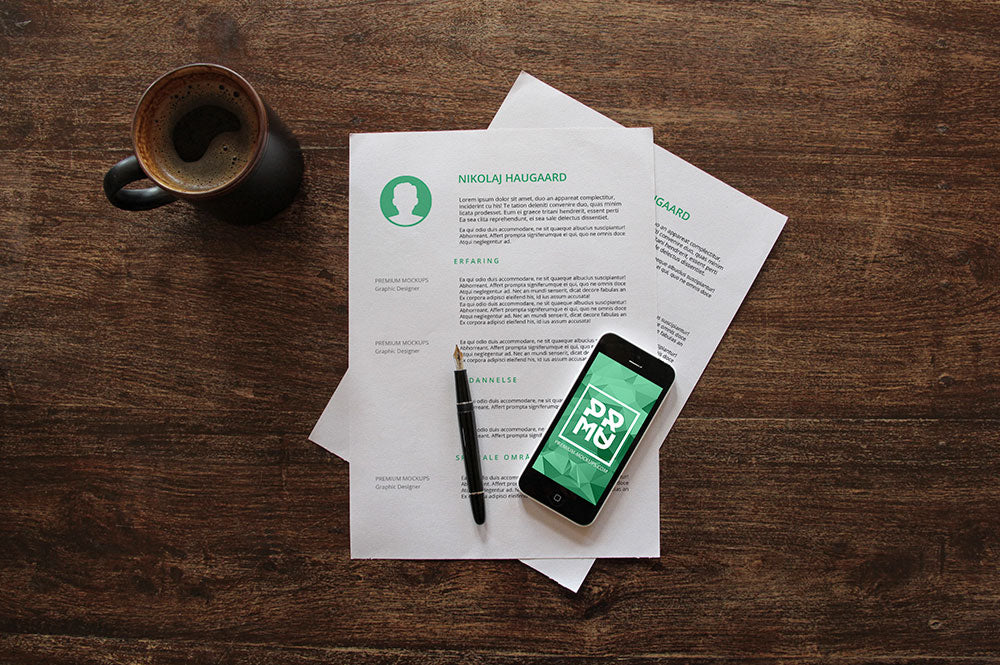 A4 Paper Mockup with Leather Case and Smart Phone