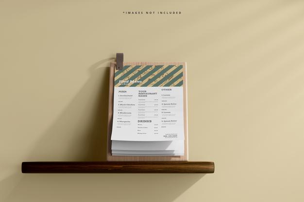 A4 Size Food Menu On A Wooden Board Mockup On A Shelf Psd