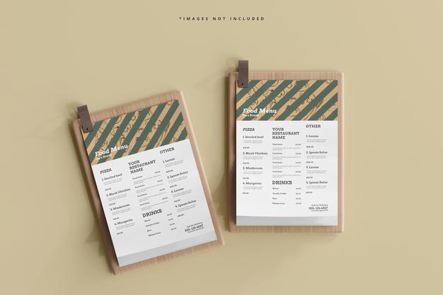 A4 Size Food Menus On A Wooden Board Mockup Psd