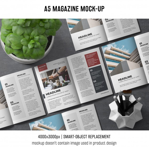 A5 Magazine Mockup With Basil Plant Psd
