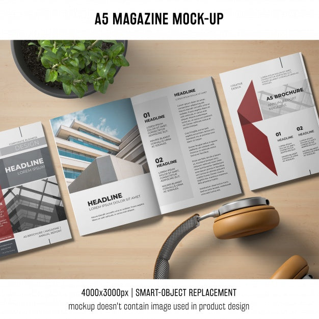 A5 Magazine Mockup With Headphones Psd