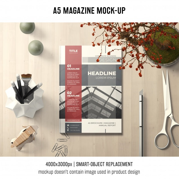 A5 Magazine Mockup With Scissors Psd