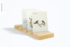 A5 Postcard On Wood Stand Mockup, Perspective View Psd
