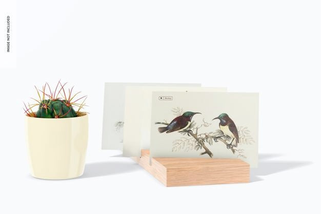 A5 Postcard On Wood Stand With Plant Mockup Psd