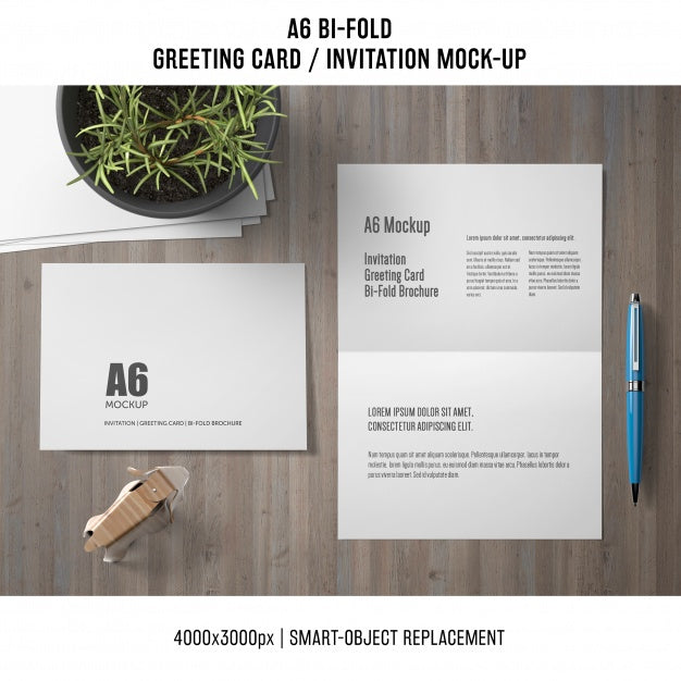 A6 Bi-Fold Greeting Card Mockup With Plant Psd