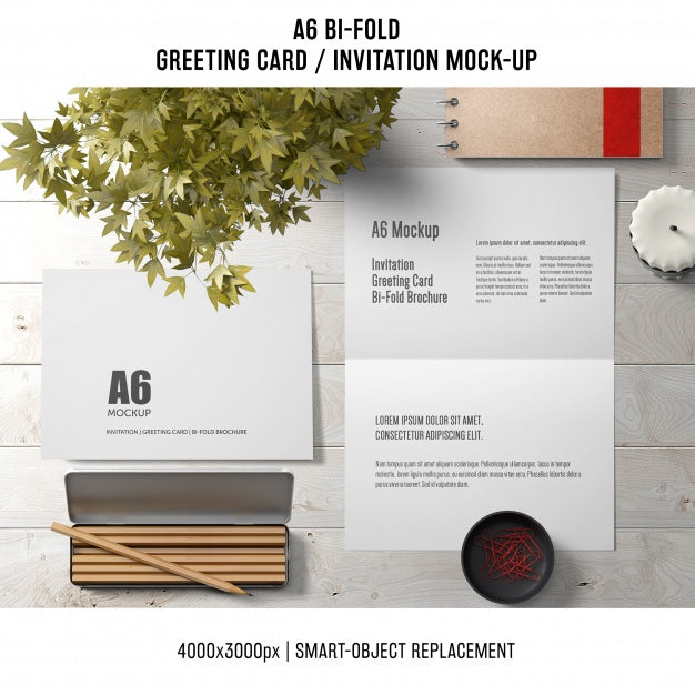 A6 Bi-Fold Greeting Card Template With Pencils And Plant Psd