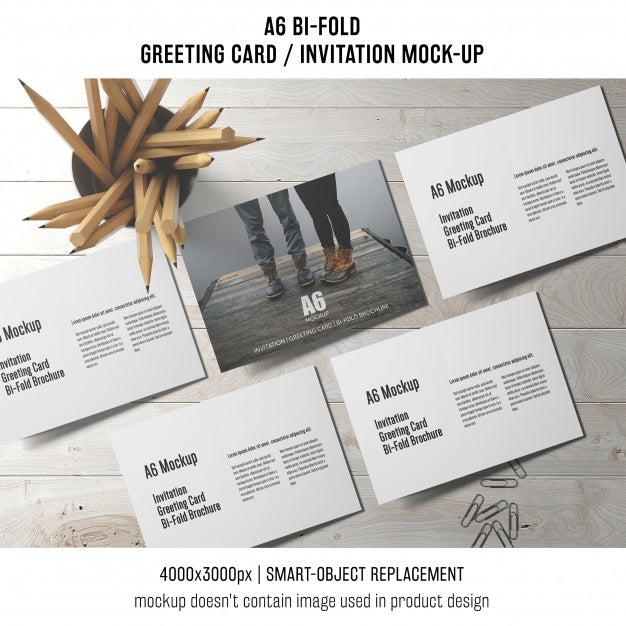 A6 Bi-Fold Invitation Card Template With Pencils Psd