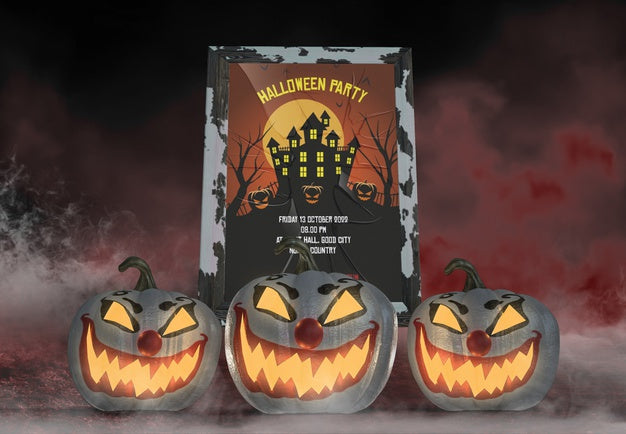 Abandoned House Halloween Party Poster And Clown Carved Pumpkins Psd