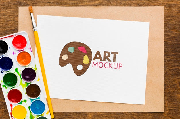 Above View Artist Desk With Painting Brush Psd