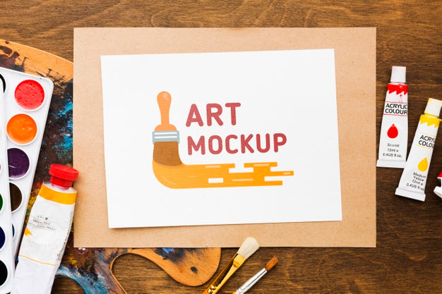 Above View Artist Desk With Watercolors Psd