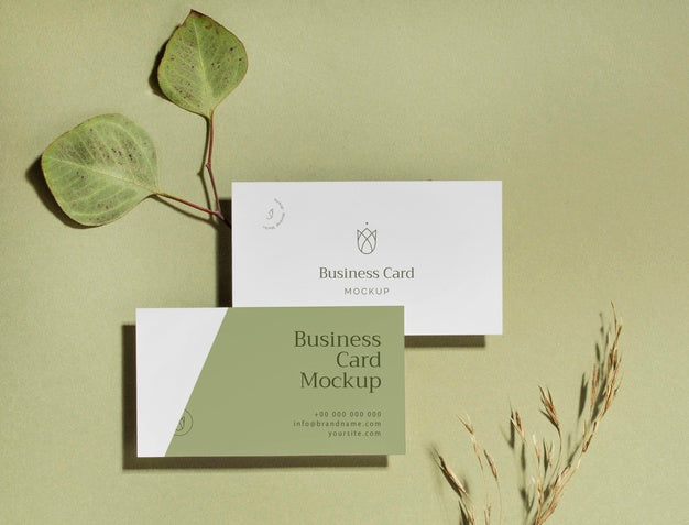 Above View Business Cards With Leaves Psd