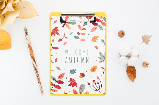 Above View Clipboard Mock-Up With Welcome Autumn Psd