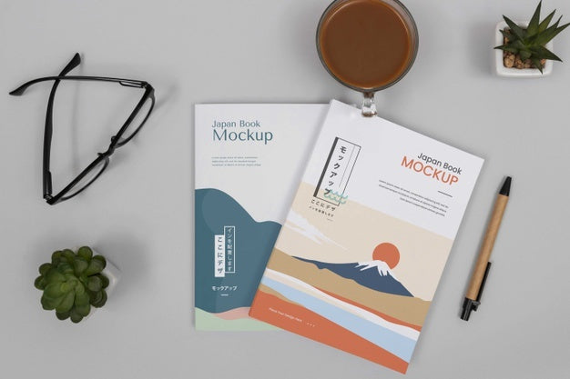 Above View Desk Arrangement With Books Mockup Psd