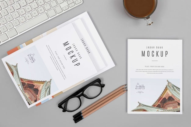 Above View Desk Arrangement With Books Psd