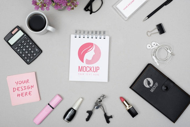 Above View Desk Elements Arrangement Psd