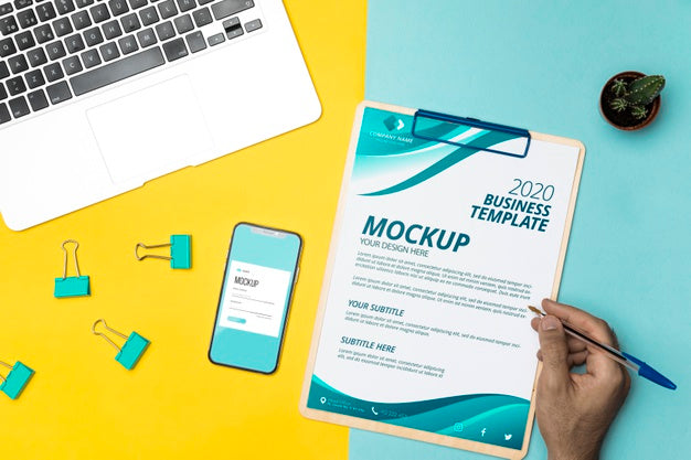 Above View Desk Items And Laptop Psd