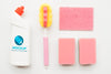 Above View Detergent Bottle And Sponges Psd