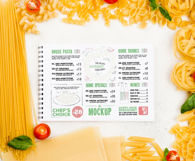 Above View Italian Menu And Pasta Psd