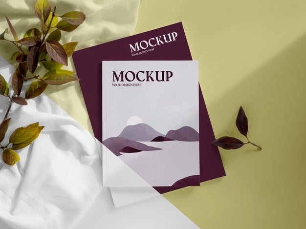Above View Magazine And Leaves Mockup Psd
