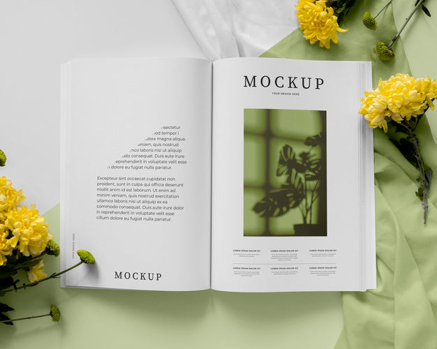 Above View Magazine And Plant Mockup Psd