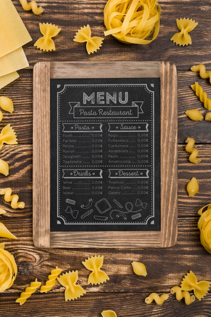 Above View Menu And Pasta Assortment Psd
