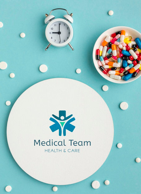 Above View Pills And Clock Arrangement Psd