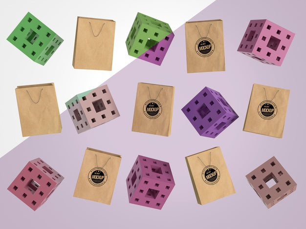 Abstract Mock-Up Merchandise With Paper Bags And Cubes Psd