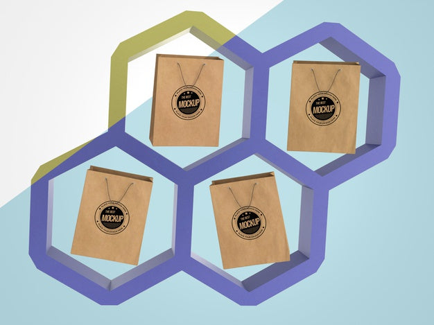 Abstract Mock-Up Merchandise With Paper Bags In Hexagons Psd
