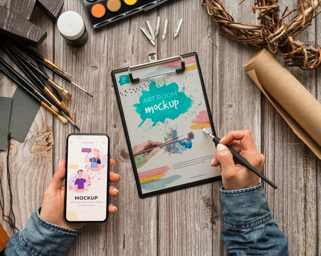 Acrylic Palette And Brushes Beside Clipboard Psd