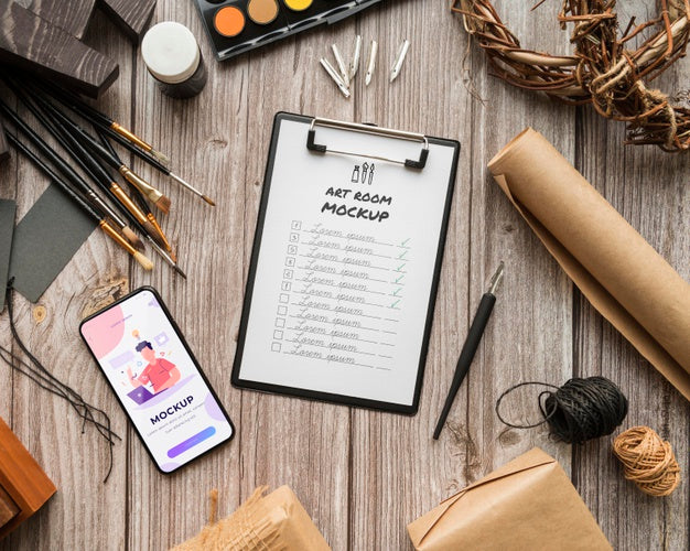 Acrylic Palette And Brushes Beside Clipboard Psd