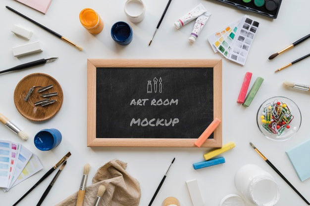 Acrylic Palette And Brushes Beside Frame Psd