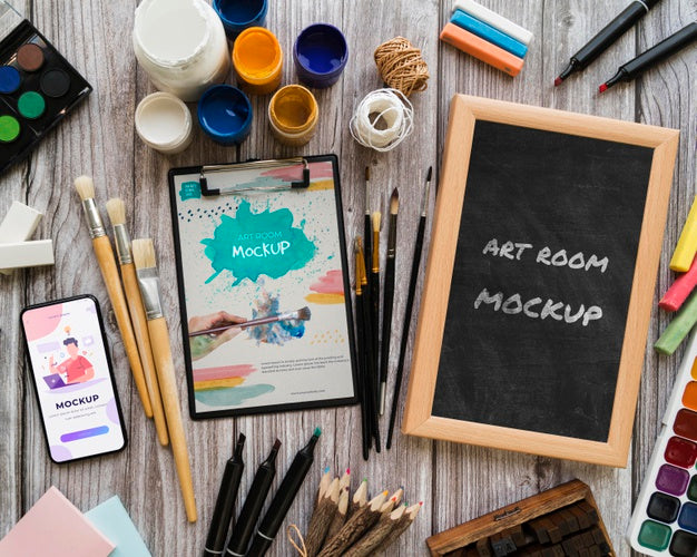 Acrylic Palette And Brushes Beside Frame Psd