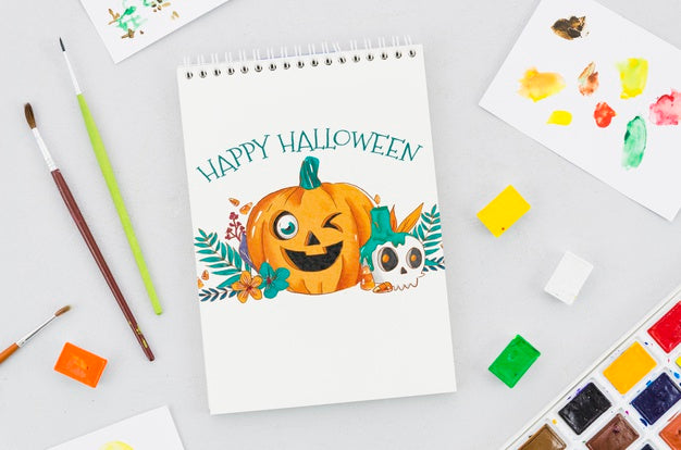 Acrylic Pallette And Brushes Beside Notebook Psd