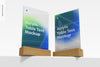 Acrylic Table Tents With Wood Base Mockup, Low Angle View Psd