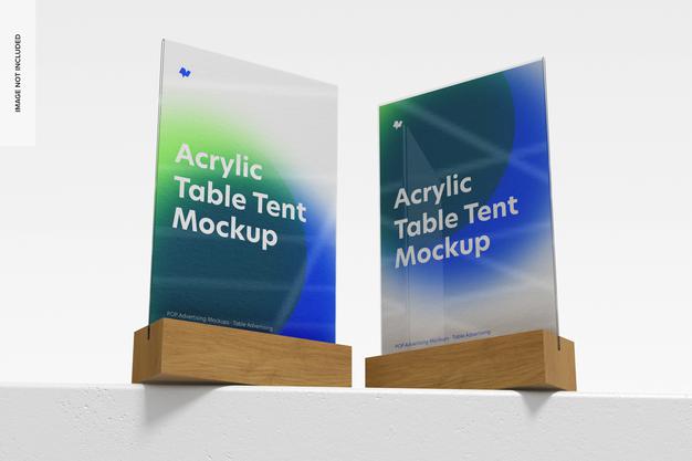 table tent mockup free Acrylic Table Tents With Wood Base Mockup, Low Angle View Psd