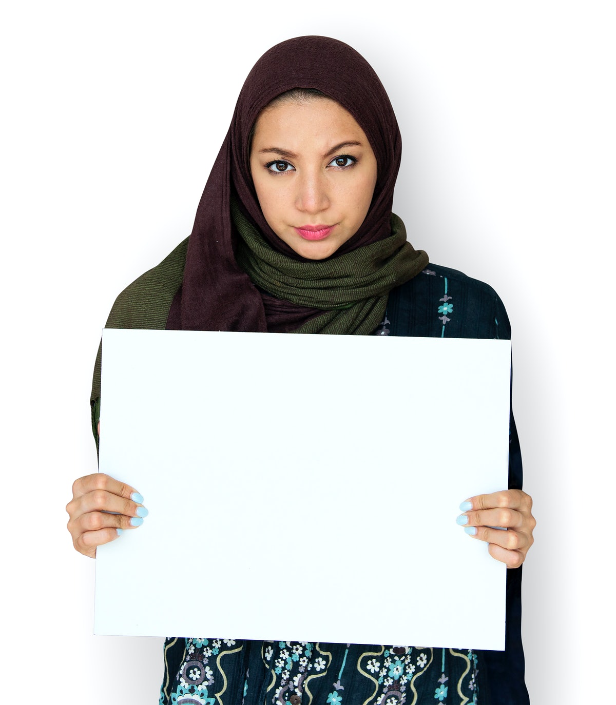 Adult Woman Hands Hold Blank Paper Board Copy Space
