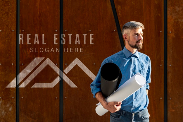 Agent Man Holding Plans For New Building Psd