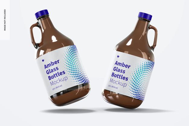 Amber Glass Bottles With Handle Jar Mockup, Falling Psd