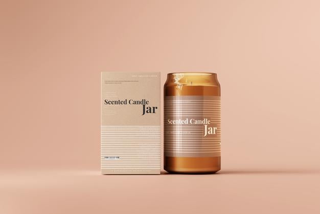 Amber Glass Candle And Box Mockup Psd