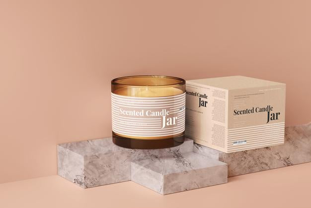 Amber Glass Candle And Box Mockup Psd