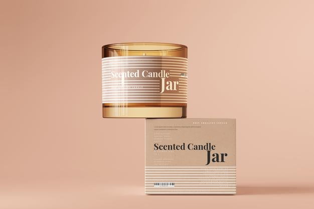 Amber Glass Candle And Box Mockup Psd