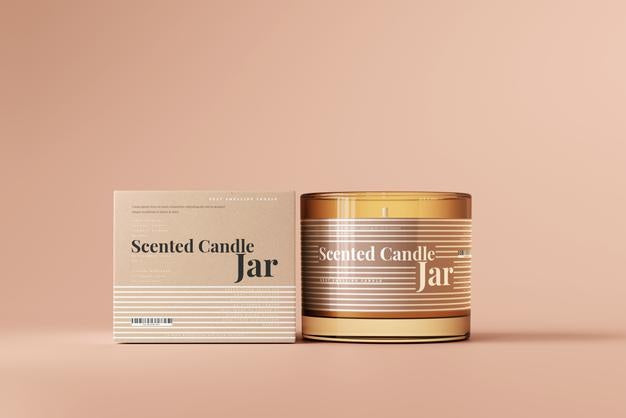 Amber Glass Candle And Box Mockup Psd