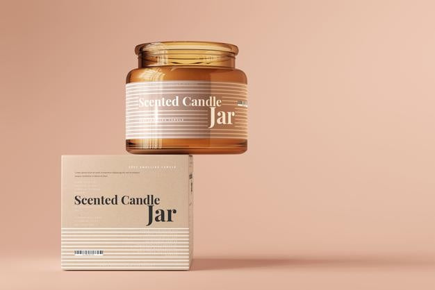 Amber Glass Candle Jar And Box Mockup Psd