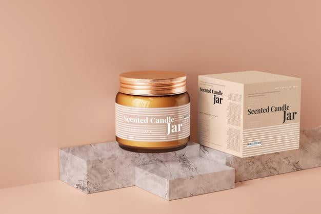 Amber Glass Candle Jar And Box Mockup Psd